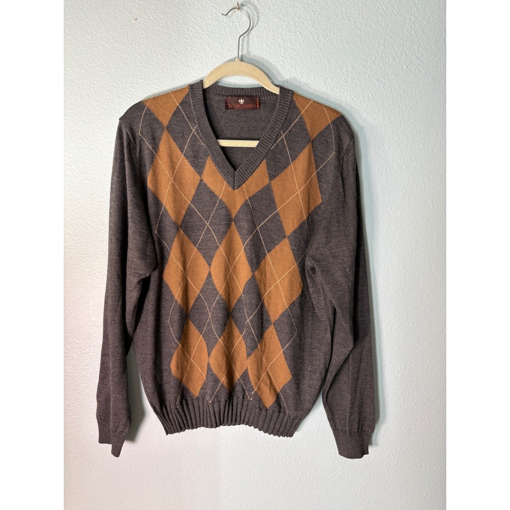 VTG 90s Toscano Mens Large Argyle V-Neck Sweater Gray Dark Academia Grandpa